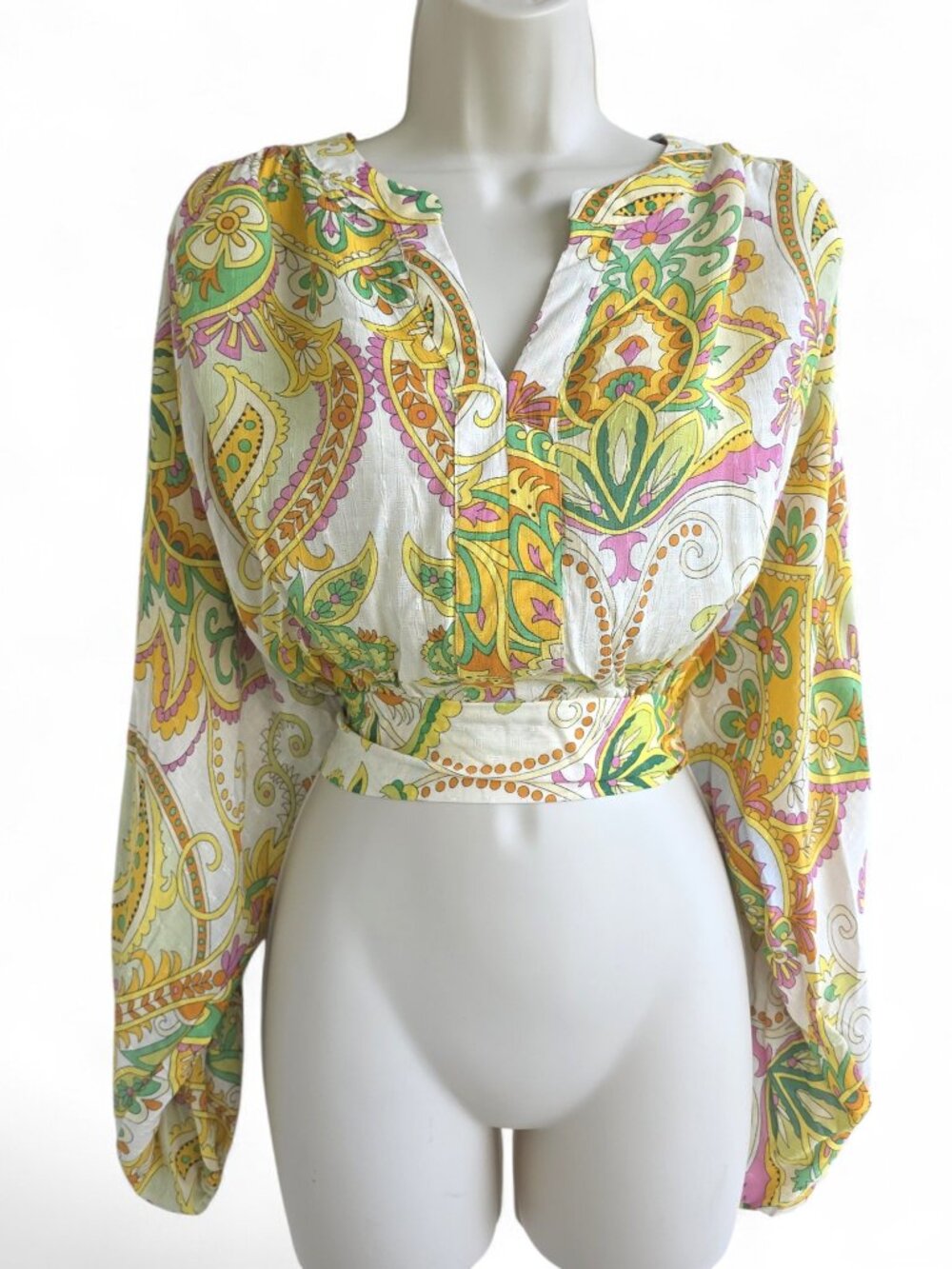 NWT Haute Hippie paisley print crop blouse with long, flowy sleeves and a v-neck
